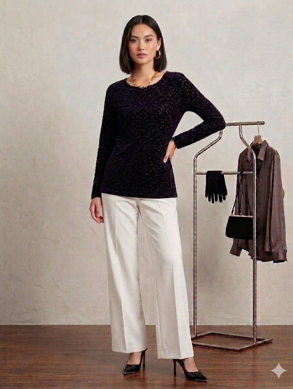 ​Karen Kane Velvet Burnout Damask Long Sleeve Top Black L Mesh Sheer Flocked